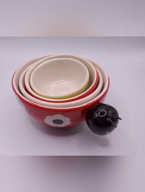 Adorable Pier 1 Ceramic Nesting Lady Bug Floral Measuring Cups Set Of 4